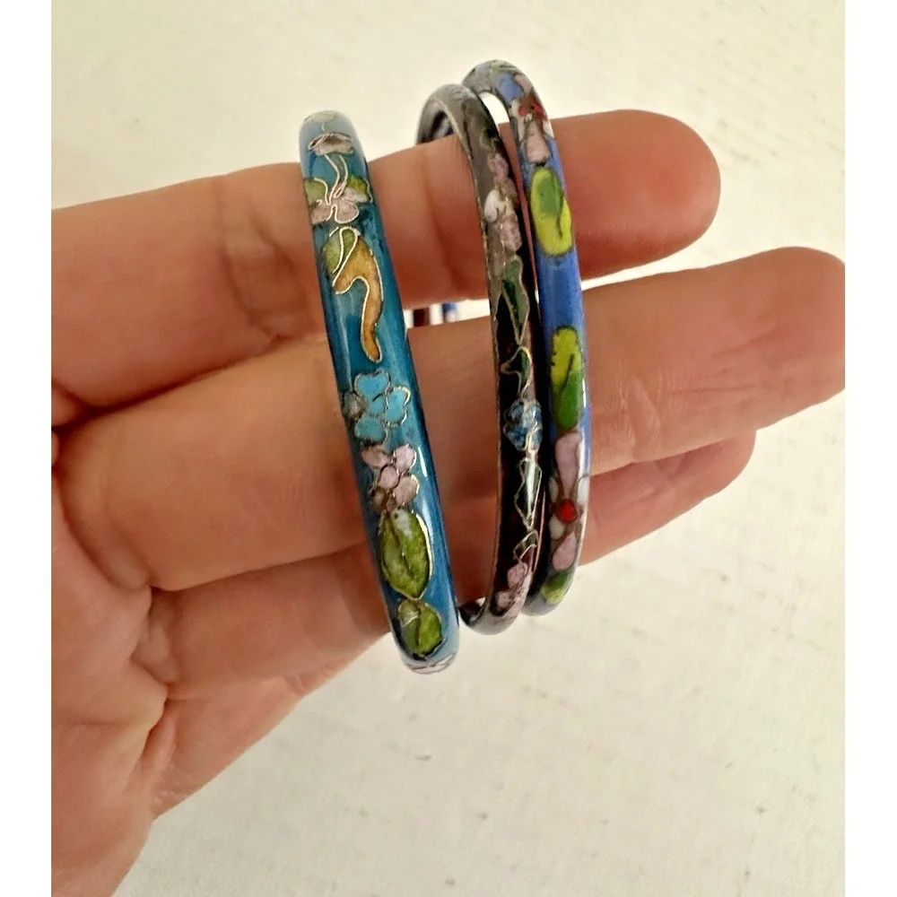 Cloisonne Bangle Bracelet Blue Aqua Floral Pink Metal Set of 3